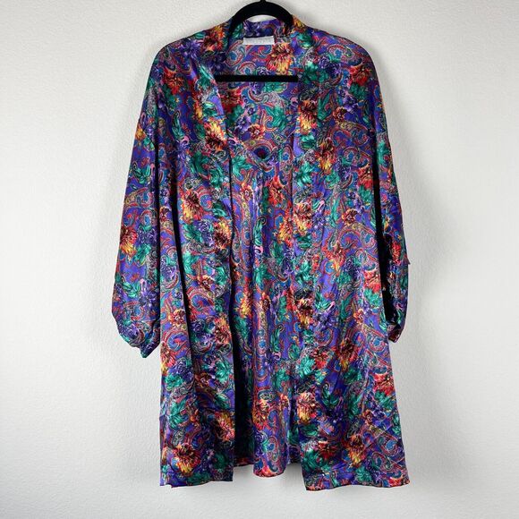 Vintage Val Mode Lingerie Kimono Robe Slip Set Womens Large Purple Floral - Picture 1 of 16